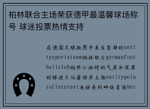 柏林联合主场荣获德甲最温馨球场称号 球迷投票热情支持